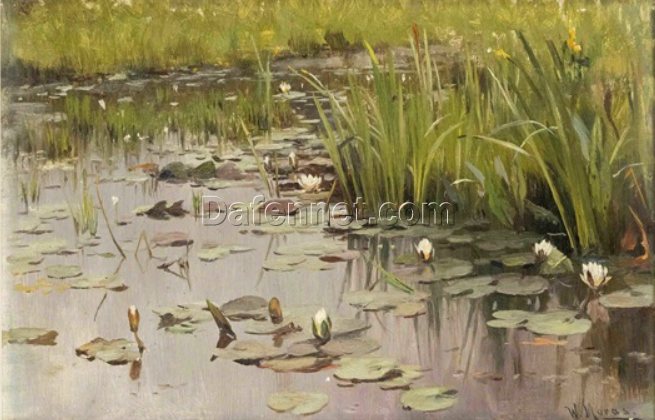 Authentic – looking ‘Walter Moras Inspired’ Oil Painting of ‘Uferpartie mit Teichrosen’ on Cardboard, Hand – crafted in Dafen Village for Collectors of German Lakeside – Themed Art