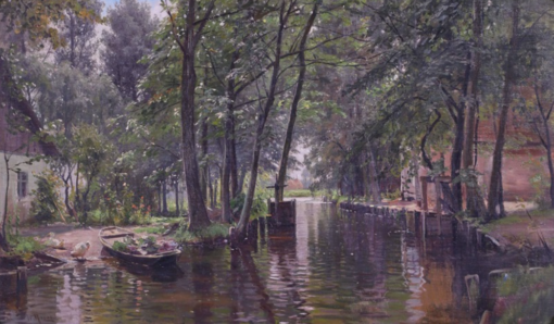 Custom – made Oil Painting of ‘Paysage de rivière à la barque’ in the Vein of Walter Moras, Created in Dafen Village for Home Decorators Needing a River – Themed Artwork for Their Living Spaces