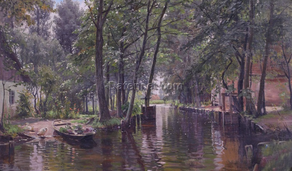 Custom – made Oil Painting of ‘Paysage de rivière à la barque’ in the Vein of Walter Moras, Created in Dafen Village for Home Decorators Needing a River – Themed Artwork for Their Living Spaces