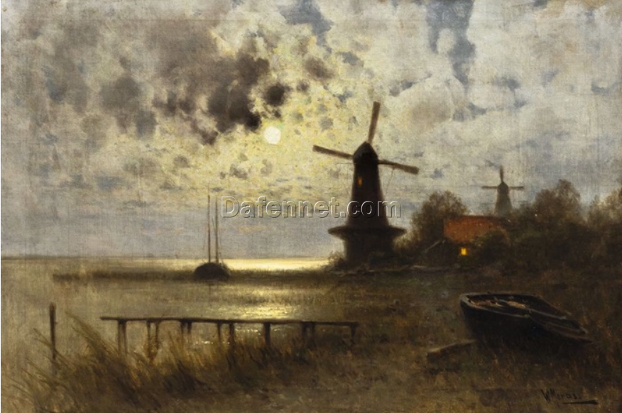 Authentic – looking ‘Walter Moras Inspired’ Oil Painting of ‘Mühle im Mondlicht’ on Canvas, Hand – crafted in Dafen Village for Collectors of German Moonlight – Themed Art
