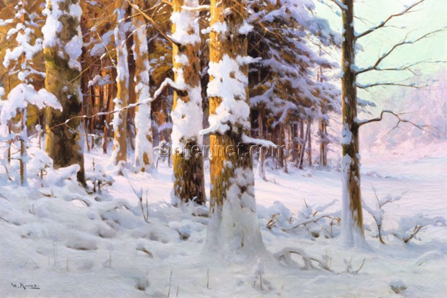 Custom – made Oil Painting of ‘Winterwald im Sonnenlicht’ in the Vein of Walter Moras, Created in Dafen Village for Home Decorators Needing a Winter – Themed Artwork for Their Living Spaces