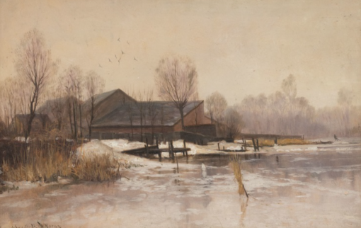 Custom – made Oil Painting of ‘WINTERLANDSCHAFT MIT GEHÖFT BEI RUMMESLBURG, 1887’ in the Vein of Walter Moras, Created in Dafen Village for Home Decorators Needing a Winter – Themed Artwork for Their Living Spaces