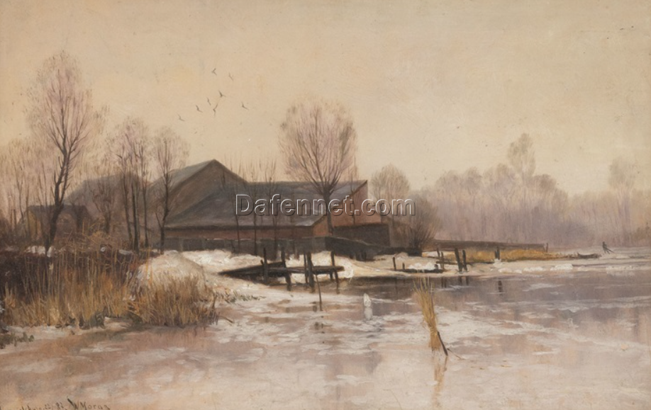 Custom – made Oil Painting of ‘WINTERLANDSCHAFT MIT GEHÖFT BEI RUMMESLBURG, 1887’ in the Vein of Walter Moras, Created in Dafen Village for Home Decorators Needing a Winter – Themed Artwork for Their Living Spaces