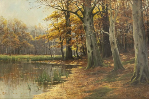 Exquisite Hand – painted Oil Reproduction of Walter Moras’ ‘Herbstliches Waldstück mit Weiher’, from Dafen Village for Art Lovers Fond of Autumn Landscapes
