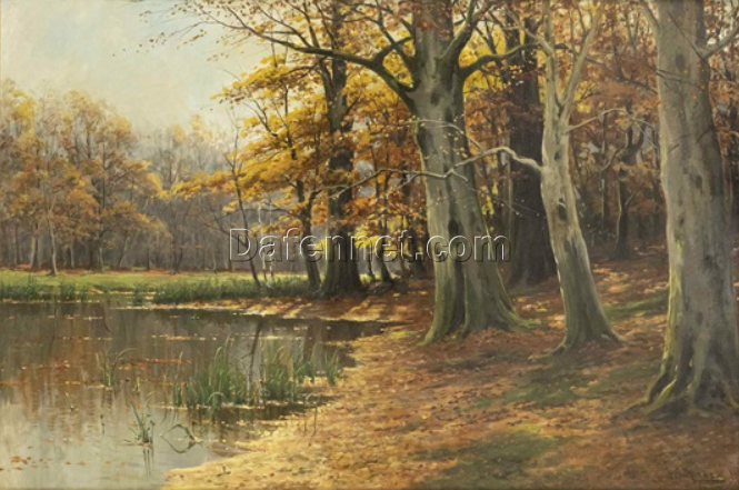 Exquisite Hand – painted Oil Reproduction of Walter Moras’ ‘Herbstliches Waldstück mit Weiher’, from Dafen Village for Art Lovers Fond of Autumn Landscapes