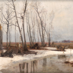 Unique Hand - painted Oil Art Inspired by Walter Moras' 'Klingsborn: Spreewaldlandschaft im Winter, 1884' on Artist Board, Available from Dafen Village for Home Decorators Desiring a Touch of German Winter Charm