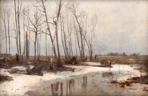 Unique Hand – painted Oil Art Inspired by Walter Moras’ ‘Klingsborn: Spreewaldlandschaft im Winter, 1884’ on Artist Board, Available from Dafen Village for Home Decorators Desiring a Touch of German Winter Charm