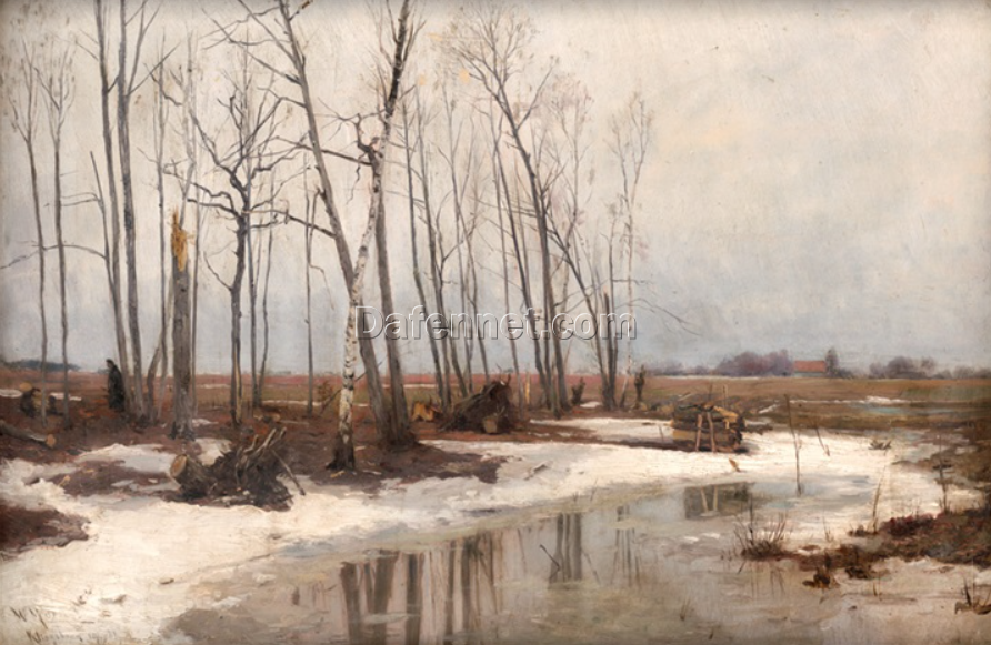 Unique Hand – painted Oil Art Inspired by Walter Moras’ ‘Klingsborn: Spreewaldlandschaft im Winter, 1884’ on Artist Board, Available from Dafen Village for Home Decorators Desiring a Touch of German Winter Charm