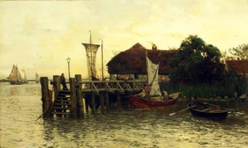 Exquisite handgemalte Öl-Reproduktion inspiriert von Walter Moras’ ‘Fischerhaus’ auf Leinwand, direkt aus dem Dorf Dafen für Kunstliebhaber, die deutsche Küstenlandschaften lieben