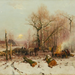 Unique Hand-painted Oil Artwork on Canvas Inspired by Walter Moras' 'Sällskap runt elden i vinterlandskap' - Dafen Village Creation for Home Decorators Seeking a Touch of Winter Warmth