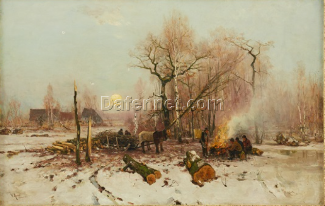 Unique Hand-painted Oil Artwork on Canvas Inspired by Walter Moras’ ‘Sällskap runt elden i vinterlandskap’ – Dafen Village Creation for Home Decorators Seeking a Touch of Winter Warmth