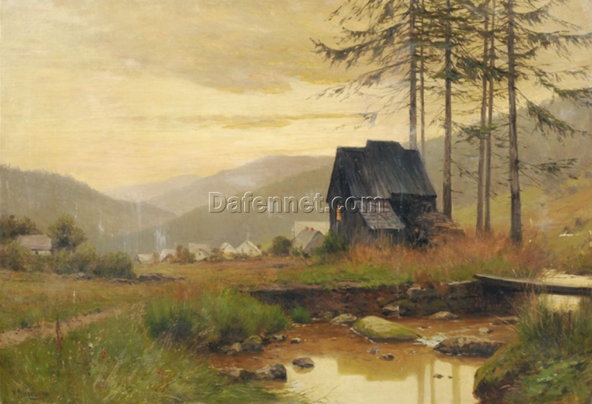 Authentic Hand-painted Oil Artwork from Dafen Village – Inspired by Walter Moras’ ‘Abendstimmung in einer Mittelgebirgslandschaft mit Blick auf ein Dorf’ (ca. 1900–1925) on Canvas for Collectors of Vintage German Art
