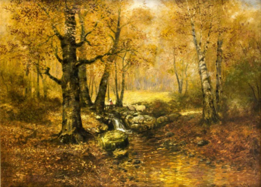 Unique Dafen Village Artwork – Reproduction of Walter Moras’ ‘Herbstliches Waldstück mit Bachlauf und Staffagefigu’ Oil on Canvas for Home Decor and Art Collectors