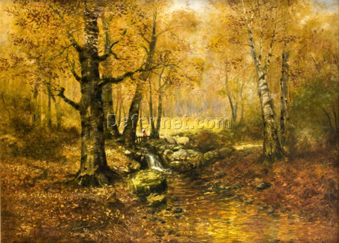 Unique Dafen Village Artwork – Reproduction of Walter Moras’ ‘Herbstliches Waldstück mit Bachlauf und Staffagefigu’ Oil on Canvas for Home Decor and Art Collectors