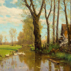 Authentic-looking Hand-painted Oil Artwork from Dafen Village - Inspired by Walter Moras' 'Prachtvolle Frühlingslandschaft mit blühenden Büschen, verstecktem Gehöft und Enten im Bach' on Canvas for Collectors
