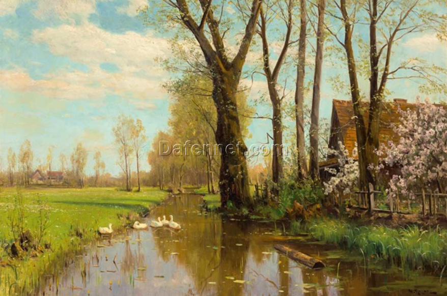 Authentic-looking Hand-painted Oil Artwork from Dafen Village – Inspired by Walter Moras’ ‘Prachtvolle Frühlingslandschaft mit blühenden Büschen, verstecktem Gehöft und Enten im Bach’ on Canvas for Collectors