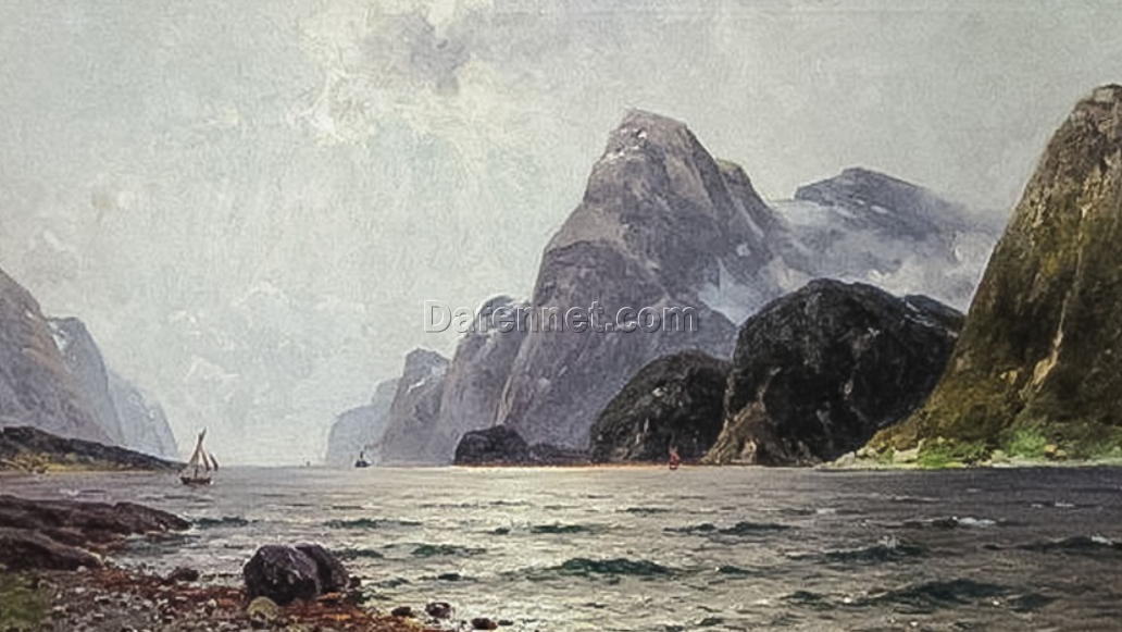 Unique Dafen Village Creation – Handmade Oil Painting on Canvas Inspired by Walter Moras’ ‘Norwegische Fjordlandschaft mit Dampfer und Segelbooten’ for Home Decor