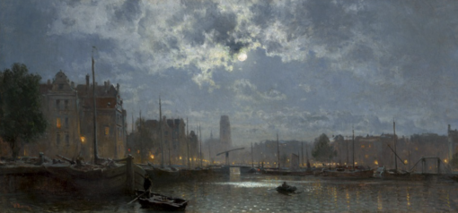 Dafen Village’s Exquisite Reproduction of Walter Moras’ ‘Mondnacht über Amsterdam, ca. 1884’ – A Captivating Canvas for Art Lovers