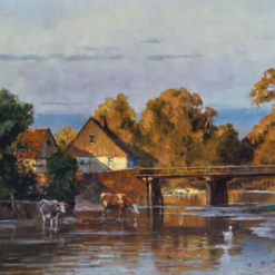 Unique Dafen Village Creation - Handmade Oil Painting on Canvas Inspired by Walter Moras' 'Stimmungsvolle Herbstlandschaft mit Bauernhäusern am Fluß' for Home Decor