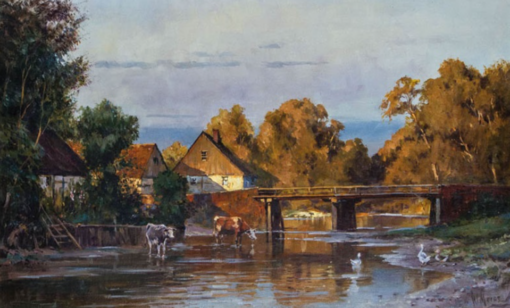 Unique Dafen Village Creation – Handmade Oil Painting on Canvas Inspired by Walter Moras’ ‘Stimmungsvolle Herbstlandschaft mit Bauernhäusern am Fluß’ for Home Decor