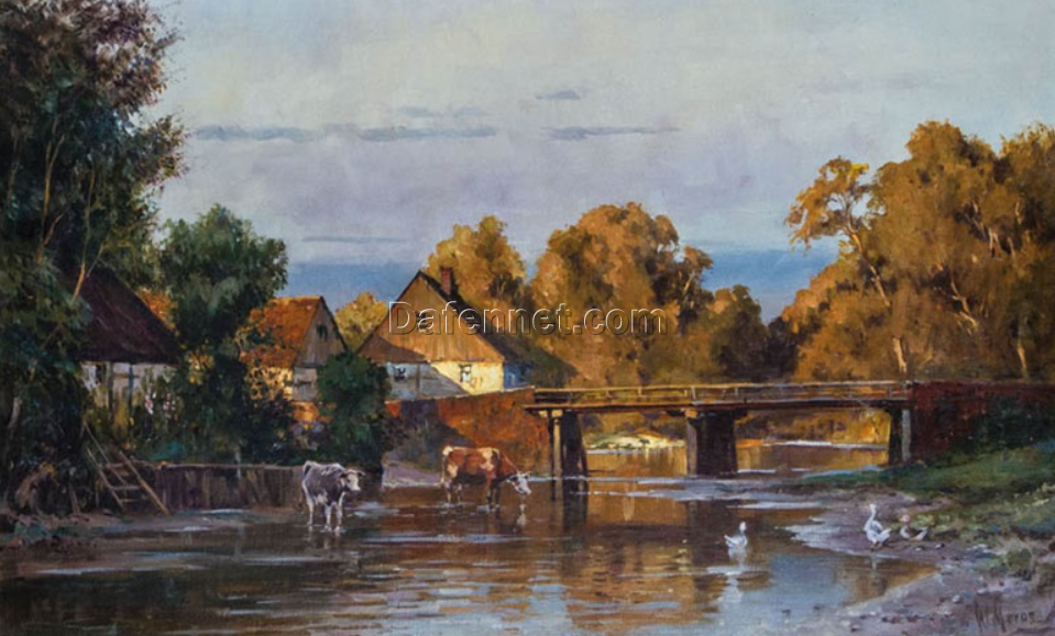 Unique Dafen Village Creation – Handmade Oil Painting on Canvas Inspired by Walter Moras’ ‘Stimmungsvolle Herbstlandschaft mit Bauernhäusern am Fluß’ for Home Decor