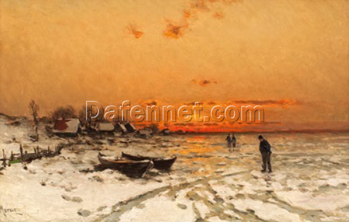 Unique Dafen Village Creation – Handmade Oil Painting on Canvas Inspired by Walter Moras’ ‘Sonnenuntergang im Winter’ for Home Decor