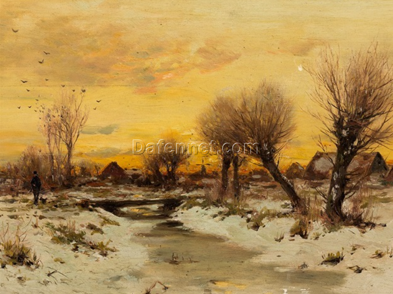 Unique Dafen Village Creation – Handmade Oil Painting on Canvas Inspired by Walter Moras’ ‘Wintry Village Landscape’ for Home Decor