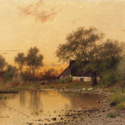 Unique Dafen Village Creation - Handmade Oil Painting on Canvas Inspired by Walter Moras' 'Bauernkaten am Wasser. Abendstimmung' for Home Decor