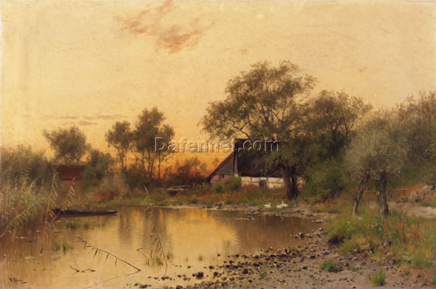 Unique Dafen Village Creation – Handmade Oil Painting on Canvas Inspired by Walter Moras’ ‘Bauernkaten am Wasser. Abendstimmung’ for Home Decor