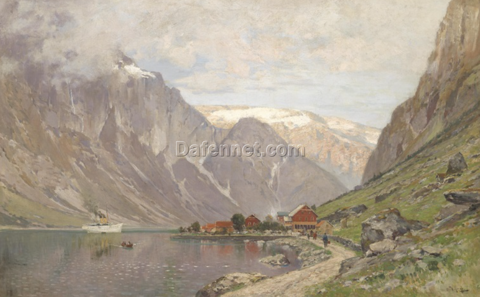 Unique Dafen Village Creation – Handmade Oil Painting on Canvas Inspired by Walter Moras’ ‘Große Fjordlandschaft’ for Home Decor