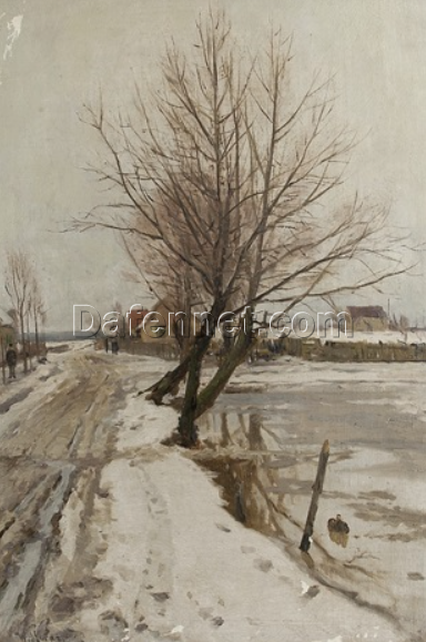 Unique Dafen Village Creation – Handmade Oil Painting on Canvas Inspired by Walter Moras’ ‘Winter an der Landstraße’ for Home Decor