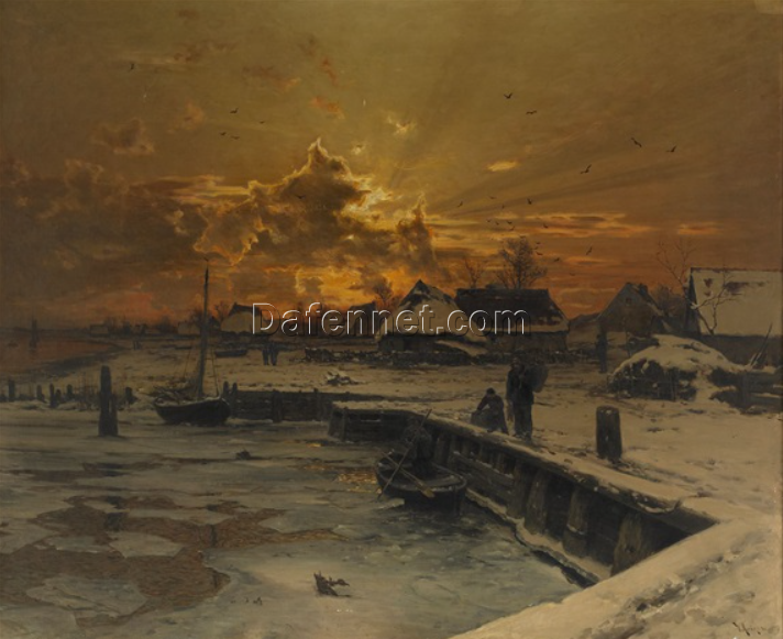 Dafen Village – Style Reproduction of Walter Moras’ ‘Fiskeby i vinterskrud’ 1886 Oil Painting – 122×148 cm – Perfect for Art Investment and Interior Design – On Sale Now