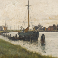Authentic - Looking Hand - Painted Oil Art on Artist Board Inspired by Walter Moras' 'Flussufer mit Segelschiff in Norddeutschland' - 31x46 cm for Art Collectors