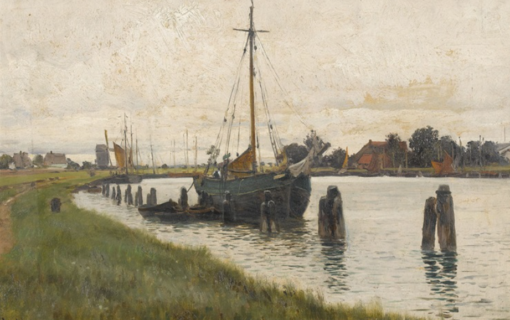 Authentic – Looking Hand – Painted Oil Art on Artist Board Inspired by Walter Moras’ ‘Flussufer mit Segelschiff in Norddeutschland’ – 31×46 cm for Art Collectors
