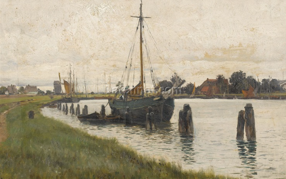 Authentic – Looking Hand – Painted Oil Art on Artist Board Inspired by Walter Moras’ ‘Flussufer mit Segelschiff in Norddeutschland’ – 31×46 cm for Art Collectors