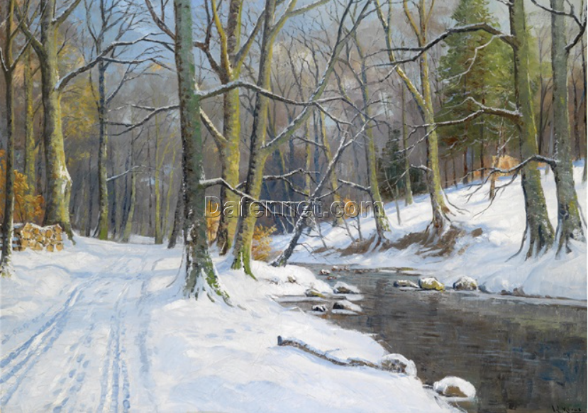 High – Quality Dafen Village Hand – Painted Reproduction of Walter Moras’ ‘Bachlandschaft im Winter’ – 96×136 cm Oil Painting for Art Lovers and Gift Seekers