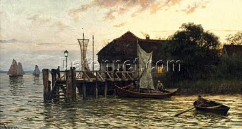Dafen Village – Inspired Reproduction of Walter Moras’ ‘Fischer am Haff, 1890’ – 50×90 cm Oil on Canvas for Maritime Art Enthusiasts
