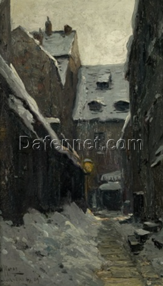Dafen Village – Style Reproduction of Walter Moras’ ‘An der Fischerbrücke im Winter’ – 25.5×15.4 cm Oil on Board for Art Enthusiasts