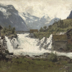 Dafen Village - Style Reproduction of Walter Moras' 'Watermill in an Alpine landscape' - 37x67.5 cm Oil on Board for Art Enthusiasts