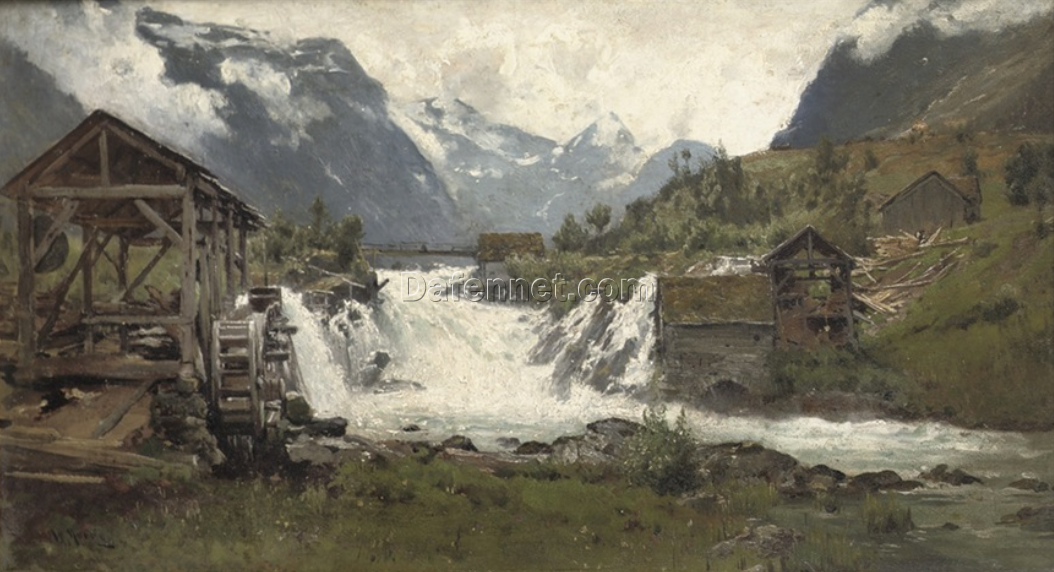 Dafen Village – Style Reproduction of Walter Moras’ ‘Watermill in an Alpine landscape’ – 37×67.5 cm Oil on Board for Art Enthusiasts