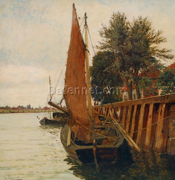 High – Quality Dafen Village Reproduction of Walter Moras’ ‘Segelboote im Hafen’ – 44×41.5 cm Oil on Cardboard for Maritime Art Aficionados
