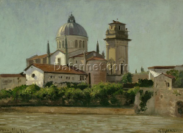 Authentic – Looking Dafen Village Style Replica of Walter Moras’ ‘Blick auf die Kirche San Giorgio in Braida, Verona, ca. 1878’ – 28×36 cm Oil on Canvas for Interior Designers