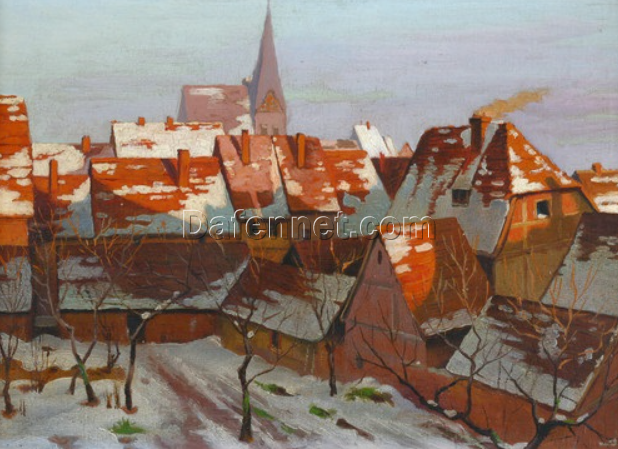 High – Quality Dafen Village Hand – Painted Reproduction of Walter Moras’ ‘Nordostdeutsches Städtchen an einem klaren Wintertag’ – 23×33 cm Oil on Canvas for Art Collectors Searching for German Winter Scenes