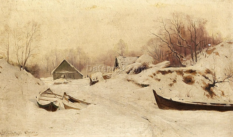 Captivating Dafen Village Reproduction of Walter Moras’ ‘Winter an einem See im Baltikum’ – 30.5×50.5 cm Oil on Canvas Laid on Cardboard for Baltic Winter Lovers