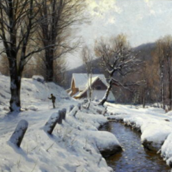 Authentic - Looking Dafen Village Style Replica of Walter Moras' 'Sonniger Wintertag mit Skilangläufer am Bachlauf, im Hintergrund die Dächer eines Dorfes' - 81x120 cm Oil on Canvas for Art Collectors and Interior Decorators