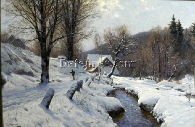 Authentic – Looking Dafen Village Style Replica of Walter Moras’ ‘Sonniger Wintertag mit Skilangläufer am Bachlauf, im Hintergrund die Dächer eines Dorfes’ – 81×120 cm Oil on Canvas for Art Collectors and Interior Decorators