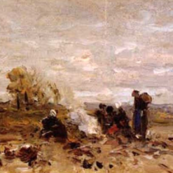 Charming Dafen Village Reproduction of Walter Moras' 'Kartoffelernte' - 12x21 cm Oil on Cardboard for Interior Decorators