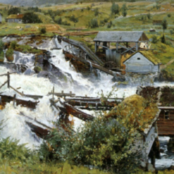 High - Quality Dafen Village Hand - Painted Replica of Walter Moras' 'Wildbach mit Holzschneidemühlen' - 44.8x68.5 cm Oil on Cardboard Laid on Wood for Collectors
