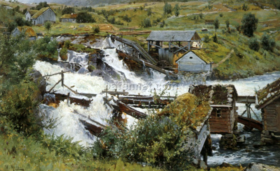 High – Quality Dafen Village Hand – Painted Replica of Walter Moras’ ‘Wildbach mit Holzschneidemühlen’ – 44.8×68.5 cm Oil on Cardboard Laid on Wood for Collectors