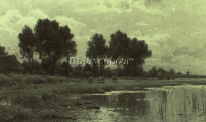High – Quality Dafen Village Hand – Painted Replica of Walter Moras’ ‘Kühe am Weiher in norddeutscher Landschaft’ – 60×100 cm Oil on Canvas for Collectors